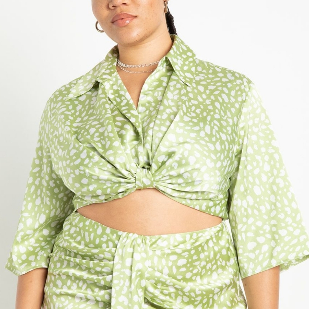 Green leopard knot front silky crop top
